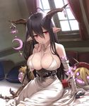  antenna_hair bandages bare_shoulders black_hair blush breasts danua draph fingerless_gloves gloves granblue_fantasy highres horns jewelry large_breasts long_hair looking_at_viewer mignon mouth_hold necklace pillow pointy_ears red_eyes shiny shiny_skin sitting solo 