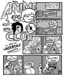  2015 alphys angry black_and_white_and_red black_hair blush comic english_text eye_patch eyes_closed eyewear female fish frown glasses greyscale gunshowcomic hair hair_over_eye human lab_coat machine male mammal marine mettaton monochrome monster parody pkbunny protagonist_(undertale) robot scalie speech_bubble sweat text undertale undyne video_games 