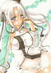  absurdres akitsushima_(kantai_collection) anchor_hair_ornament grey_eyes hair_ornament hair_ribbon highres kantai_collection long_hair long_sleeves marker_(medium) panties ribbon see-through shirt side_ponytail silver_hair skirt solo traditional_media underwear very_long_hair white_panties yurun 