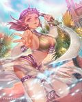  ankle_lace-up armpits bad_id bad_pixiv_id breasts building cleavage commentary_request cross-laced_footwear dancer detached_sleeves earrings egyptian egyptian_clothes esha hair_ornament highres jewelry large_breasts looking_at_viewer official_art original purple_eyes purple_hair revealing_clothes sarong short_hair sideboob solo sword tenkuu_no_crystalia weapon 