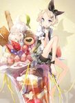  :p absurdres ahoge ankle_ribbon bad_id bad_nicoseiga_id bare_legs barefoot bike_shorts blonde_hair blue_eyes fingerless_gloves food fruit gloves hair_ornament hair_ribbon hairclip highres ice_cream kagamine_rin open_mouth parfait puffy_sleeves ribbon short_hair short_sleeves shorts shorts_under_skirt sitting skinny smile solo tongue tongue_out vocaloid white_gloves yatsuha_(hachiyoh) 