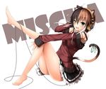  absurdres animal_ears bare_shoulders barefoot brown_hair calico cat_ears green_eyes headphones highres mage_(335656) mischa_(mage_(335656)) multicolored_hair original solo two-tone_hair 