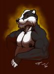  2015 anthro badger bauson biceps black_fur black_nose brown_eyes english_text fur looking_at_viewer male mammal multicolored_fur muscular muscular_male mustelid nipples nude pecs smile solo text two_tone_fur vahnfox white_fur 