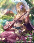  bad_id bad_pixiv_id barefoot blonde_hair breasts cape commentary_request esha flower forest green_eyes hair_flower hair_ornament highres house instrument long_hair mandolin nature navel official_art open_mouth original revealing_clothes river sideboob sitting small_breasts solo tenkuu_no_crystalia very_long_hair yokozuwari 