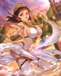  armlet armpits bad_id bad_pixiv_id black_hair bracer breasts building cleavage commentary_request dancer earrings egyptian egyptian_clothes esha hair_ornament hat highres jewelry large_breasts looking_at_viewer official_art original revealing_clothes sarong short_hair sideboob solo sword tenkuu_no_crystalia weapon yellow_eyes 