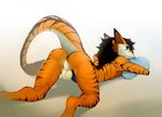  2015 anthro anus ass_up backsack balls butt endymion fur hair looking_at_viewer looking_back lost-paw lying male mammal nude on_front orange_fur penis perineum pillow pillow_hug presenting presenting_hindquarters raised_tail rear_view red_eyes sergal solo stripes 