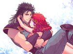  1girl black_hair couple hetero hokuto_no_ken hug long_hair mamiya mayuzumi purple_eyes red_eyes red_hair rei_(hokuto_no_ken) 