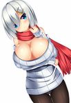  blue_eyes breast_hold breasts bursting_breasts cleavage fujimiya_yahiro hair_ornament hair_over_one_eye hairclip hamakaze_(kantai_collection) huge_breasts kantai_collection looking_at_viewer pantyhose scarf short_hair silver_hair solo sweater thigh_gap thighs white_background 