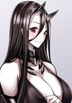  battleship_hime black_dress black_hair blush breasts cleavage commentary_request dress grey_background horns jewelry kantai_collection large_breasts long_hair mugenshiki oni_horns pale_skin red_eyes ring shinkaisei-kan smile solo upper_body wedding_band white_skin 