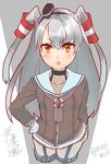  :o amatsukaze_(kantai_collection) brown_eyes character_name collarbone cowboy_shot dress frown garter_straps hair_tubes hairband hand_on_hip kantai_collection long_hair looking_at_viewer nagidori open_mouth sailor_dress see-through short_dress silver_hair sketch solo thighhighs twitter_username two_side_up v-shaped_eyebrows 