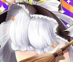  ass ass_focus black_skirt blonde_hair bloomers bow broom close-up frills from_behind jii_baa kirisame_marisa lace_border skirt skirt_lift skirt_set solo sparkle striped striped_background touhou underwear upskirt white_bloomers white_bow 