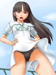  ^jj^ black_hair black_panties blue_sky brown_eyes day fence hand_on_hip hands_on_hips highres long_hair looking_at_viewer looking_down open_mouth original panties pantyshot pantyshot_(standing) sailor_collar short_sleeves signature sky solo standing thighs underwear upskirt 