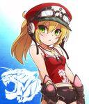  blonde_hair blush goggles goggles_on_headwear green_eyes hat jewelry lily_(teru_suzu) necklace original phantasy_star phantasy_star_online_2 ponytail short_shorts shorts solo tank_top teru_suzu 