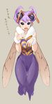  antennae bare_shoulders bee_girl black_eyes fur_trim highres honey insect_girl insect_wings leotard monster_girl morishige open_mouth pantyhose purple_hair purple_leotard q-bee short_hair simple_background skin_tight sleeveless solo thigh_gap translated vampire_(game) wings 