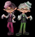  2boys aori_(splatoon) black_background black_hair bow bowtie commentary_request domino_mask genderswap genderswap_(ftm) gloves hat hotaru_(splatoon) male_focus mask mebuita mole mole_under_eye monster_boy multiple_boys necktie open_mouth pointy_ears sharp_teeth simple_background smile splatoon_(series) splatoon_1 standing teeth tentacle_hair vest white_hair yellow_eyes 