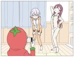  blush_stickers buttons camera cellphone glasses grey_hair hair_down ikeda_chitose ikeda_keisuke indoors multiple_girls pajamas phone pose purple_hair sugiura_ayano sweatdrop taking_picture tomato_costume toshinou_kyouko yuru_yuri 