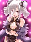  bare_shoulders breast_hold breasts china_dress chinese_clothes cleavage_cutout commentary_request crossed_arms double_bun dress drill_hair grey_hair highres idolmaster idolmaster_cinderella_girls kanzaki_ranko kobayashi_tetsuya looking_at_viewer medium_breasts open_mouth pink_eyes silver_hair solo twintails wrist_cuffs 