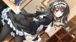  aikawa_arisa_(kiss_ato) ass black_hair black_legwear blue_eyes blush breasts game_cg kiss_ato_kiss_will_change_my_relation_with_you large_breasts legs long_hair looking_at_viewer maid maid_headdress mikoto_akemi pantyhose pen solo standing table thighs 