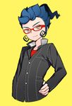  blue_hair cosplay glasses hand_on_hip houndstooth inazuma_eleven_(series) inazuma_eleven_go looking_at_viewer male_focus narukami_yuu narukami_yuu_(cosplay) persona persona_4 red-framed_eyewear simple_background solo tooru tsurugi_kyousuke unmoving_pattern yellow_background 