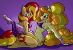  2015 adagio_dazzle_(eg) anthro anthrofied blonde_hair blue_eyes bra breasts cleavage clothed clothing cutie_mark duo equestria_girls equine female female/female hair horn horse kneeling legwear licking licking_lips mammal my_little_pony orange_hair panties pony purple_eyes red_hair sitting stockings sunset_shimmer_(eg) theburningdonut tongue tongue_out underwear unicorn 