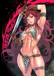  abs armlet armor armpits bangs bikini_armor blood blood_splatter bloody_weapon blue_eyes breasts brown_gloves chainmail character_name cowboy_shot elbow_gloves eyeshadow f.s. floating_hair gloves groin highres holding holding_sword holding_weapon large_breasts lips long_hair looking_at_viewer makeup muscle muscular_female navel o-ring o-ring_bottom parted_lips pelvic_curtain red_hair red_sonja red_sonja_(comics) sideboob skull solo swept_bangs sword thick_thighs thighlet thighs underboob very_long_hair wavy_hair weapon 