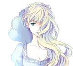  aldnoah.zero amy26 asseylum_vers_allusia blonde_hair blue_dress breasts cleavage collarbone dress green_eyes hair_over_one_eye jewelry jpeg_artifacts long_hair looking_away medium_breasts necklace parted_lips simple_background solo upper_body white_background 