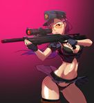  absurdres aiming arched_back ass_visible_through_thighs black_bra black_eyes black_legwear black_panties bra breasts caitlyn_(league_of_legends) cameltoe cleavage cowboy_shot finger_on_trigger fingerless_gloves gloves gradient gradient_background gun hat heihei_de_hei_yan_long highres holding holding_gun holding_weapon league_of_legends lipstick long_hair makeup medium_breasts midriff navel officer_caitlyn panties parted_lips pink_background pink_hair pleated_skirt purple_hair rifle short_sleeves single_thighhigh skirt skirt_lift solo sunglasses thighhighs toned underwear upskirt very_long_hair weapon 