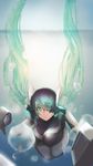  aqua_eyes aqua_hair bodysuit breasts cleavage covered_nipples dj_sona helmet highres huge_breasts league_of_legends long_hair pandea_work solo sona_buvelle twintails underwater 