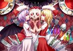  argyle argyle_background ascot bat_wings blonde_hair cake creamer_(vessel) crystal cup dish flandre_scarlet food fork hat hat_ribbon lavender_hair looking_at_viewer mob_cap multiple_girls open_mouth optical_illusion profile puffy_sleeves red_eyes remilia_scarlet ribbon sash shiroori_kanade shirt short_sleeves siblings side_ponytail sisters skirt skirt_set smile spoon teacup tongue tongue_out touhou vest wings 
