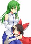  :3 =_= age_difference ahoge bare_shoulders benikurage blush bow breasts brown_hair collared_shirt cookie_(touhou) detached_sleeves frog_hair_ornament green_eyes green_hair hair_bow hair_ornament hair_ribbon hair_tubes hakurei_reimu height_difference highres kochiya_sanae large_bow long_hair medium_breasts multiple_girls paseri_(cookie) petting ribbon sarashi shirt smile snake_hair_ornament szk touhou 