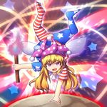  :d american_flag_dress american_flag_legwear blonde_hair clownpiece commentary_request duel_monster fun_bo hat jester_cap long_hair looking_at_viewer open_mouth pantyhose parody performage_trick_clown purple_eyes smile smug solo torch touhou tsurime v-shaped_eyebrows yuu-gi-ou 