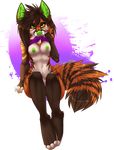  2015 anthro breasts canine clothed clothing expose female fur hair half-dressed looking_at_viewer mammal pinup pose ravebinx shirt sitting smile solo teasing 