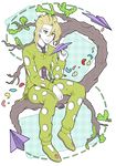  artist_name blonde_hair earrings flat_color full_body highres holding jewelry jojo_no_kimyou_na_bouken lolitaii male_focus necktie pannacotta_fugo paper_airplane petals signature sitting solo transparent_background tree white_skin yellow_eyes 