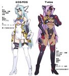  blue_eyes blue_hair boots breasts character_name cleavage dark_skin dress full_body garter_straps high_heel_boots high_heels hijiri kos-mos large_breasts long_hair multiple_girls purple_hair red_eyes short_dress side_slit smile t-elos thigh_boots thighhighs translation_request very_long_hair xenosaga xenosaga_episode_iii 