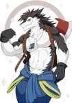  abs anthro armor barefoot biceps big_muscles black_fur blue_eyes claws clothed clothing discordnight dog_tags fur hair half-dressed lingguang looking_at_viewer male muscular pants pecs 