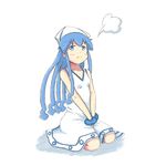  :t between_legs blue_eyes blue_hair blush breasts dress hand_between_legs hat ikamusume pout seiza shinryaku!_ikamusume sitting small_breasts snort solo squid_hat sundress tentacle_hair tesshii_(riza4828) v-shaped_eyebrows v_arms white_dress wrist_cuffs 