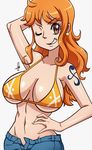  arm_behind_head bikini breasts brown_eyes earrings grin groin hand_on_hip jewelry large_breasts midriff nami_(one_piece) navel one_eye_closed one_piece orange_hair scott_bennett signature smile solo swimsuit tattoo unbuttoned upper_body 