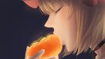  aki_minoriko amino_(tn7135) bad_id bad_pixiv_id black_background blonde_hair choker close-up closed_eyes eating food fruit hat persimmon profile simple_background solo touhou upper_body 