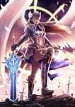  angel angel_wings armor blue_eyes boots breasts brown_hair cleavage cross dual_wielding feathers full_body gauntlets greaves helmet highres holding large_breasts midriff navel original outdoors planted_sword planted_weapon solo sword weapon winged_helmet wings yamagishi_chihiro 