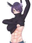  abs amino_(tn7135) bad_id bad_pixiv_id breasts dressing eyepatch kantai_collection large_breasts midriff muscle muscular_female navel no_bra panties pink_panties purple_hair short_hair simple_background solo tenryuu_(kantai_collection) turtleneck underwear upper_body white_background yellow_eyes 
