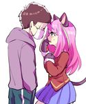  1girl animal_ears bad_id bad_pixiv_id brown_hair cat_ears cat_tail gloves green_eyes hands_in_pockets hashimoto_nyaa highres mask matsuno_ichimatsu messy_hair multicolored_hair osomatsu-kun osomatsu-san paw_gloves paws pink_hair school_uniform shakata_(syakatan) simple_background single_vertical_stripe skirt streaked_hair surgical_mask sweatdrop tail white_background 