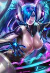  alternate_costume banned_artist blue_eyes blue_hair bodysuit breasts catsuit dj_sona formal hair_over_one_eye headphones highres large_breasts league_of_legends nipples sakimichan skin_tight solo sona_buvelle suit symbol-shaped_pupils tied_hair twintails upper_body 