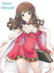  atelier_(series) atelier_elie book brown_hair cape character_name choker cowboy_shot earhart eisel_weimar green_eyes headdress long_hair pink_legwear red_choker red_skirt skirt solo thighhighs white_background 