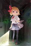  bag black_legwear blonde_hair blue_eyes blush flashlight hair_ribbon highres kuroba_u loafers looking_at_viewer open_mouth pantyhose protagonist_(yomawari) ribbon shoes short_hair solo tears yomawari yomawari:_night_alone 