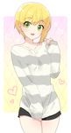  blonde_hair blush green_eyes heart idolmaster idolmaster_cinderella_girls long_sleeves looking_at_viewer miyamoto_frederica mochiya_marosuke open_mouth short_hair smile solo sweater 