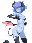  asymmetrical_wings black_gloves black_legwear black_sclera blue_hair blue_skin boots breasts covered_nipples demon_girl demon_tail demon_wings elbow_gloves gloves high_heels highres looking_at_viewer low_wings mimizu_(tokagex) navel original pointy_ears short_hair simple_background skinny small_breasts solo tail thigh_boots thighhighs white_background wings yellow_eyes 