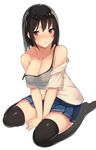  black_hair blush kantai_collection kureha_(ironika) looking_at_viewer red_eyes short_hair simple_background sitting solo strap_slip takao_(kantai_collection) thighhighs wariza 