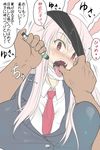  animal_ears blush breast_press breasts bunny_ears fangs highres huge_breasts injection kedamono_kangoku-tou long_hair looking_at_viewer necktie reisen_udongein_inaba solo_focus syringe tongue tongue_out touhou translation_request 