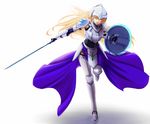  aqua_eyes armor blonde_hair byo_(daigakunote) fantasy helmet highres long_hair open_mouth original shield solo sword weapon 