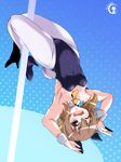  animal_ears bangs brown_eyes brown_hair bunny_ears bunny_tail bunnysuit detached_collar kantai_collection necktie one_eye_closed pantyhose pole pole_dancing short_hair solo stripper_pole tail tsukineko upside-down wrist_cuffs yukikaze_(kantai_collection) 